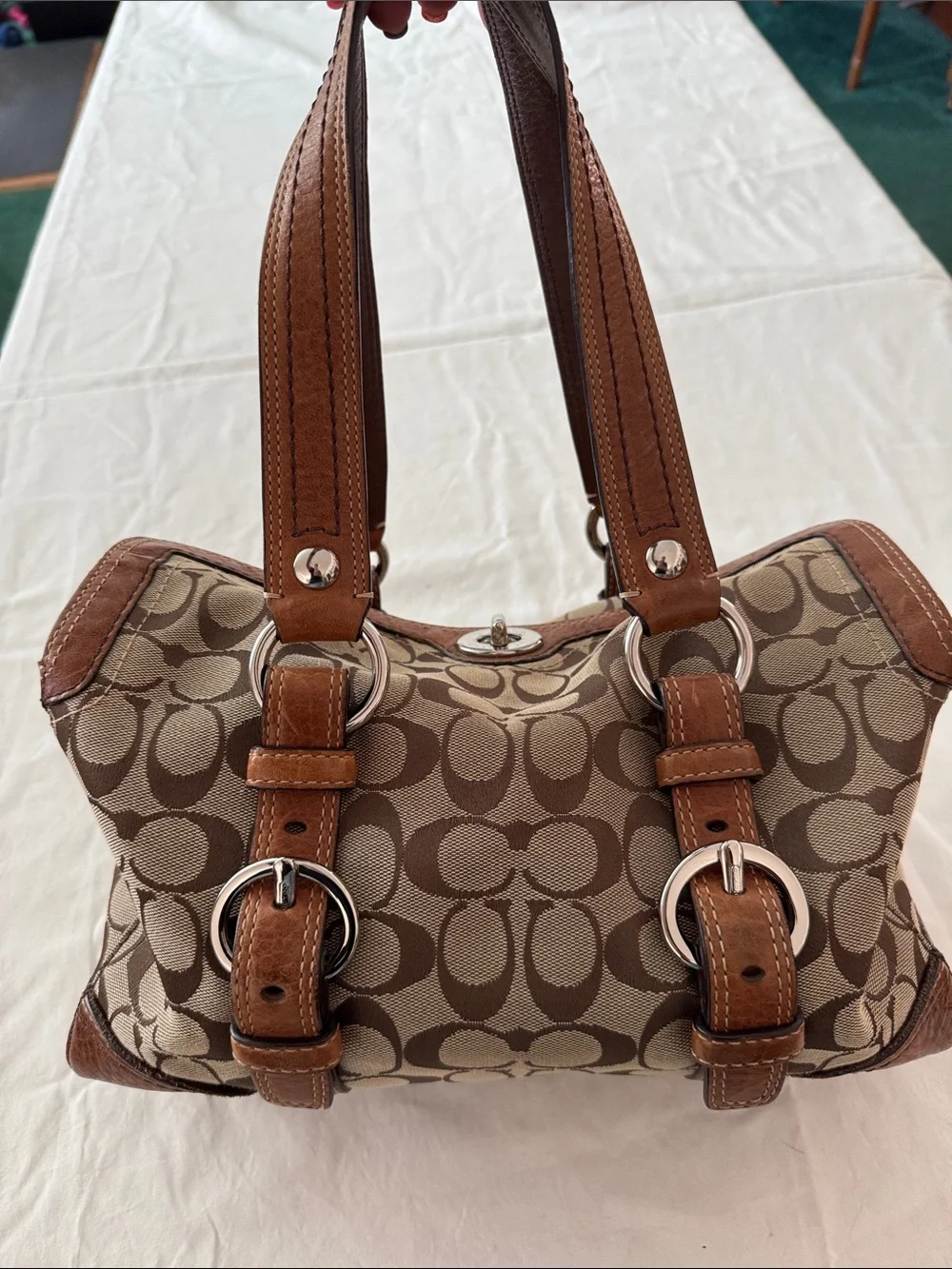 Coach Brown Signature Canvas Shoulder Bag with Tan Leather Trim